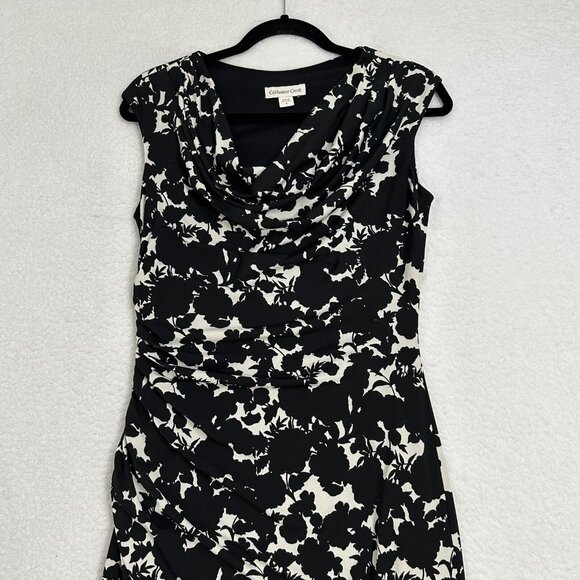 Coldwater Creek Women's Floral Scoop Neck Ruched Sheath Dress Size 4 Black White - Picture 2 of 12